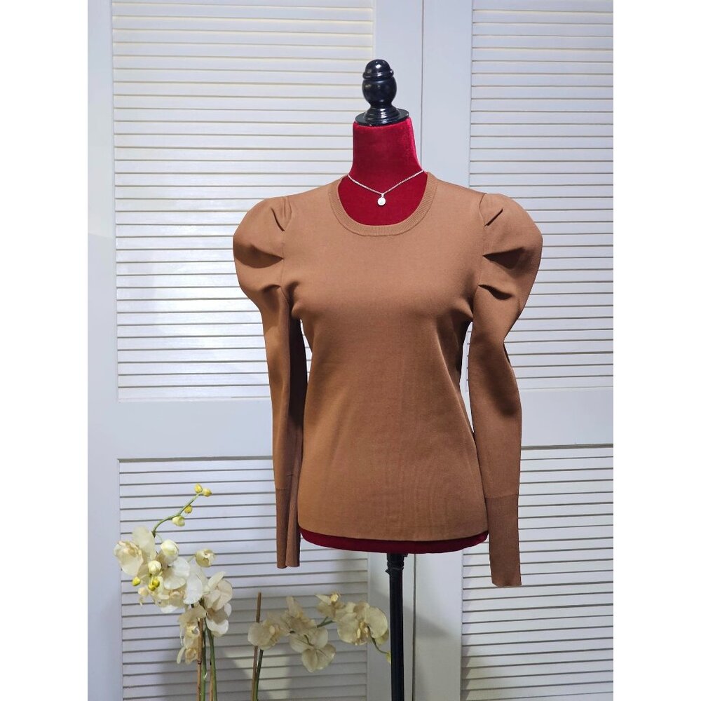 Apparallel Women's Brown Long Sleeve Knit Top With Puff Shoulders Sz L 2457